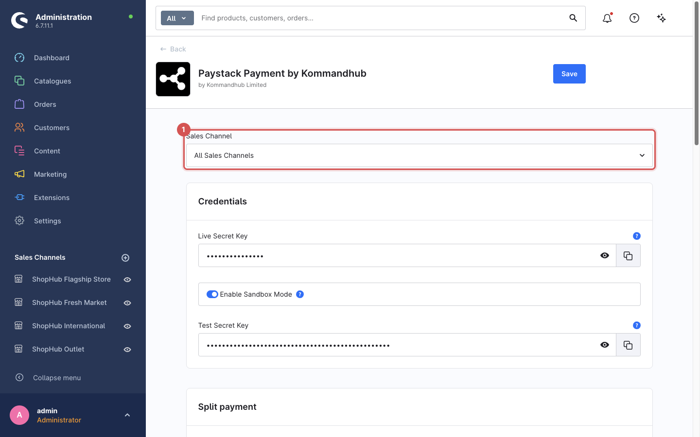 Paystack configuration screen with the sales channel selector