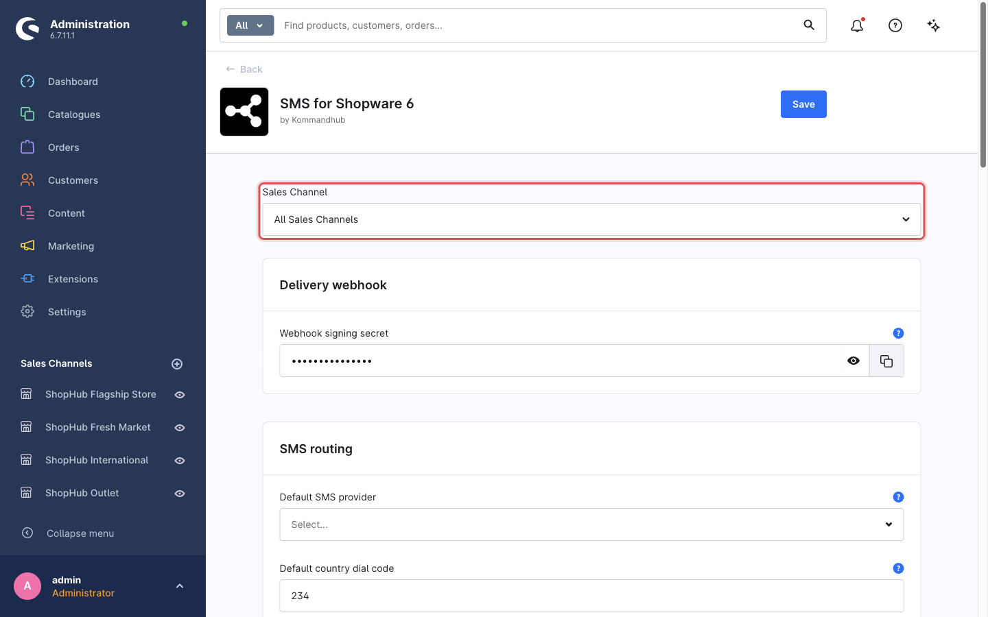 The configuration page; the Sales Channel selector is marked