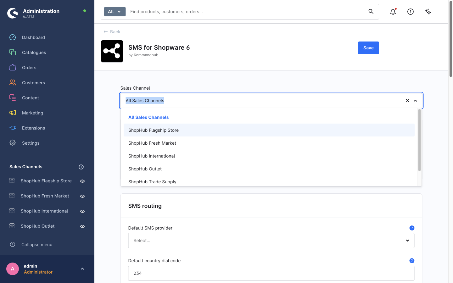 The Sales Channel drop-down open, listing All Sales Channels and each storefront