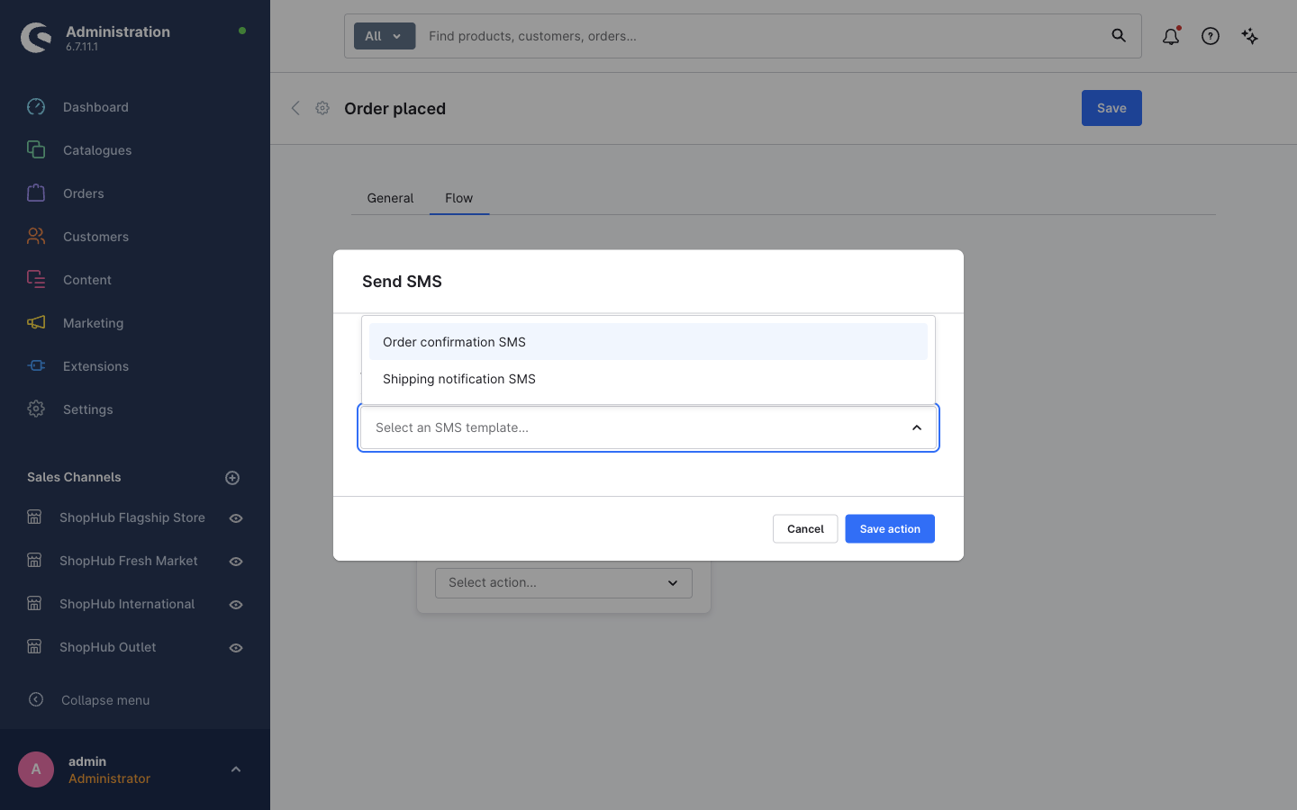 The template list in the Send SMS window