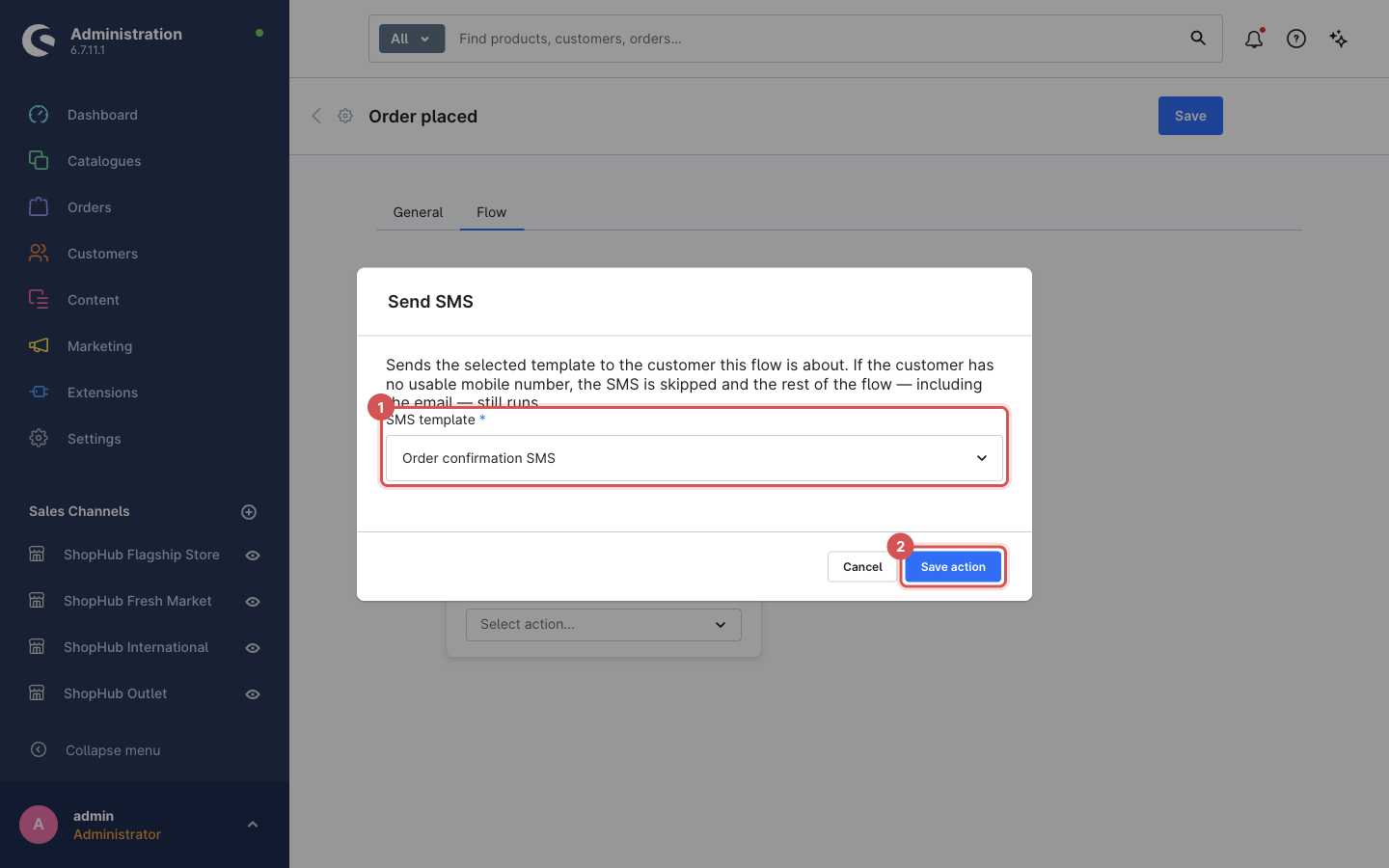 The Send SMS window with "Order confirmation SMS" selected (1) and the Save action button (2)