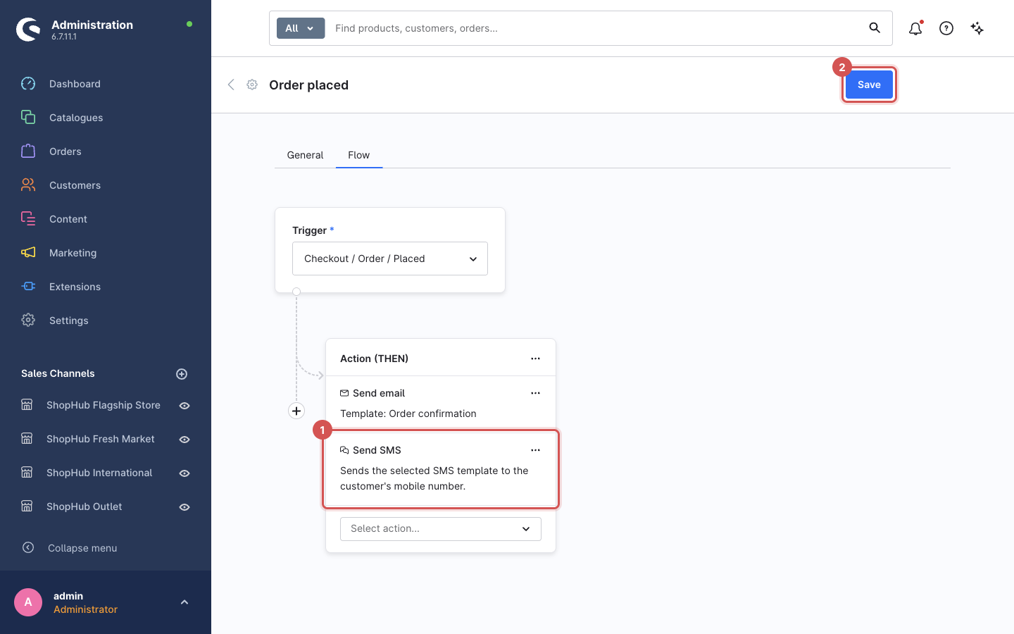 The "Order placed" flow with Send email and Send SMS