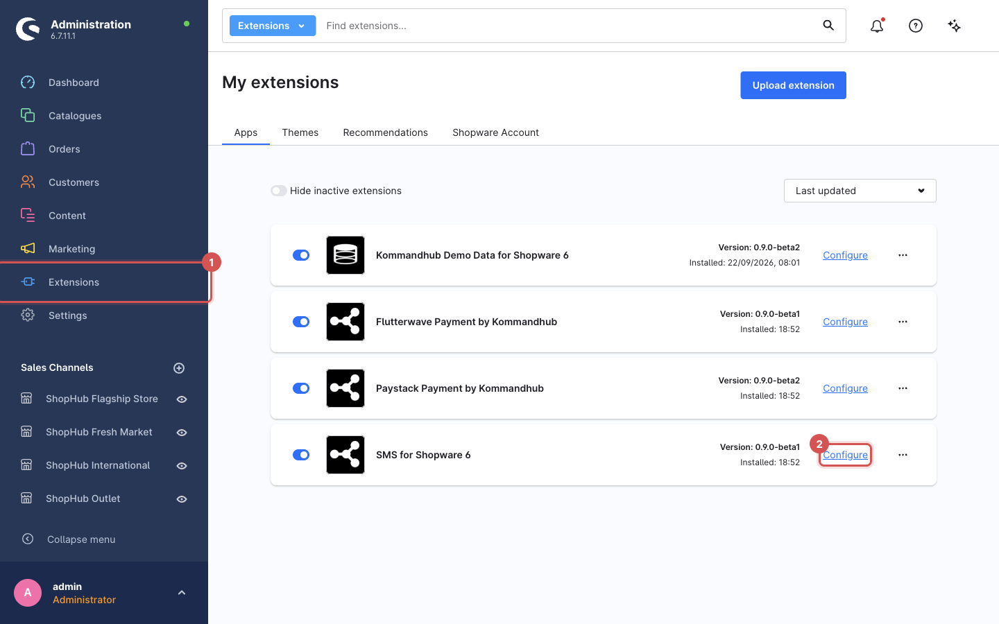 My extensions: the Extensions menu (1) and the Configure link of SMS for Shopware 6 (2)