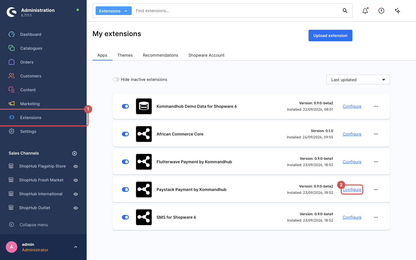 My extensions with the Paystack Payment by Kommandhub row and its Configure link