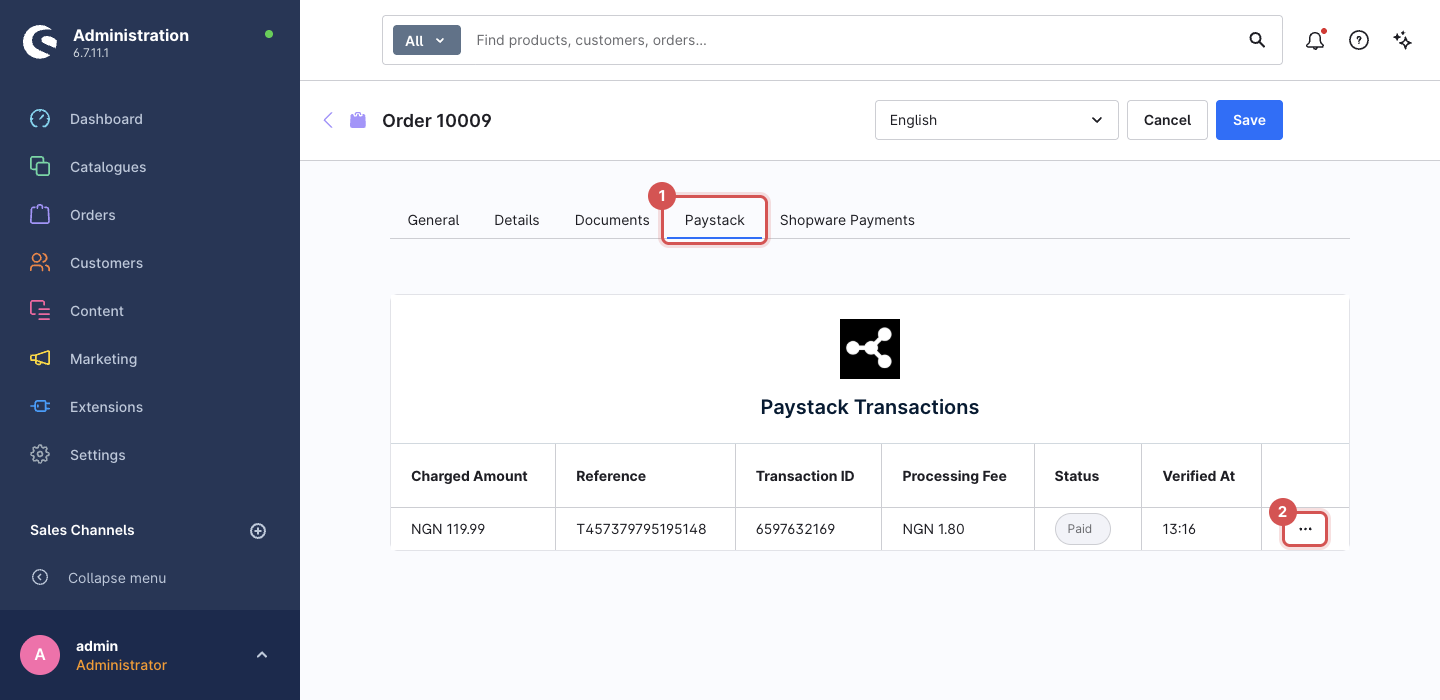 Paystack tab with charged amount, reference, transaction ID, fee, status and verified time