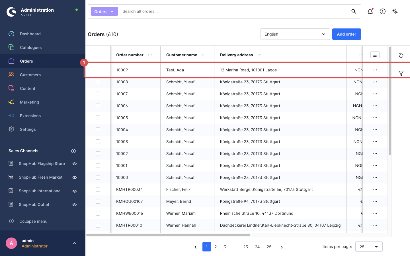 Order list with the new order paid by Pay with Paystack