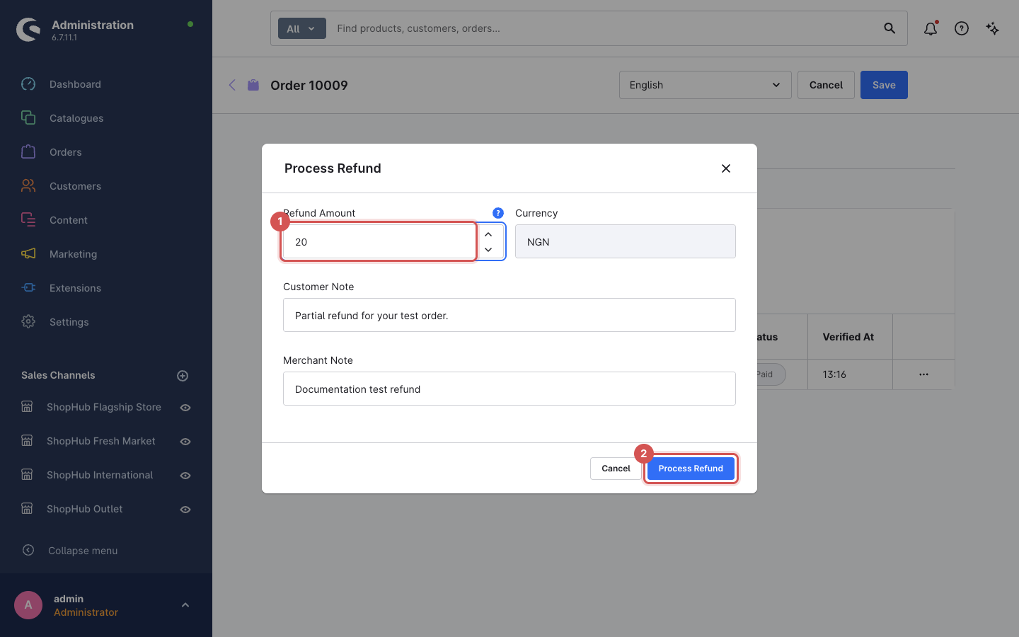 Process Refund dialog with Refund Amount 20, Currency NGN, customer and merchant notes