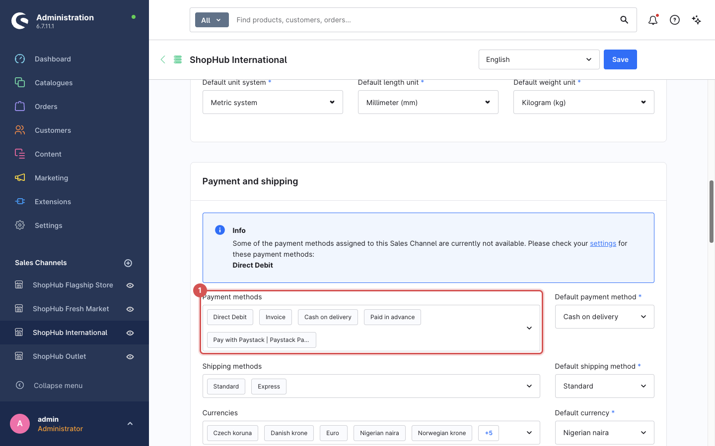 Sales channel General tab with Pay with Paystack in the payment methods