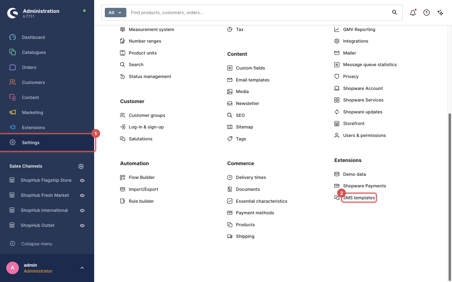The Settings page with the "SMS templates" entry in the Extensions group