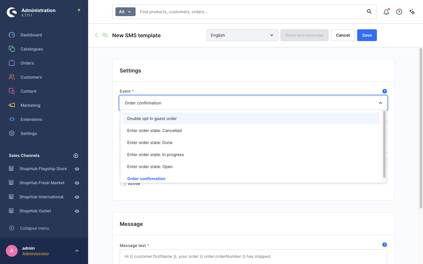 Choosing "Order confirmation" in the Event list