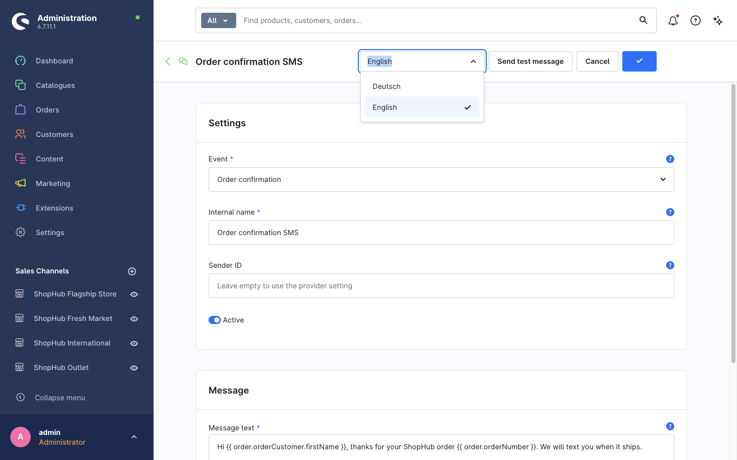 The language drop-down showing Deutsch and English