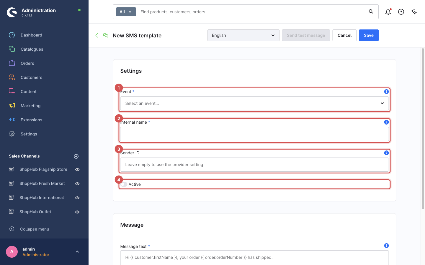 The new SMS template form with the four settings fields numbered