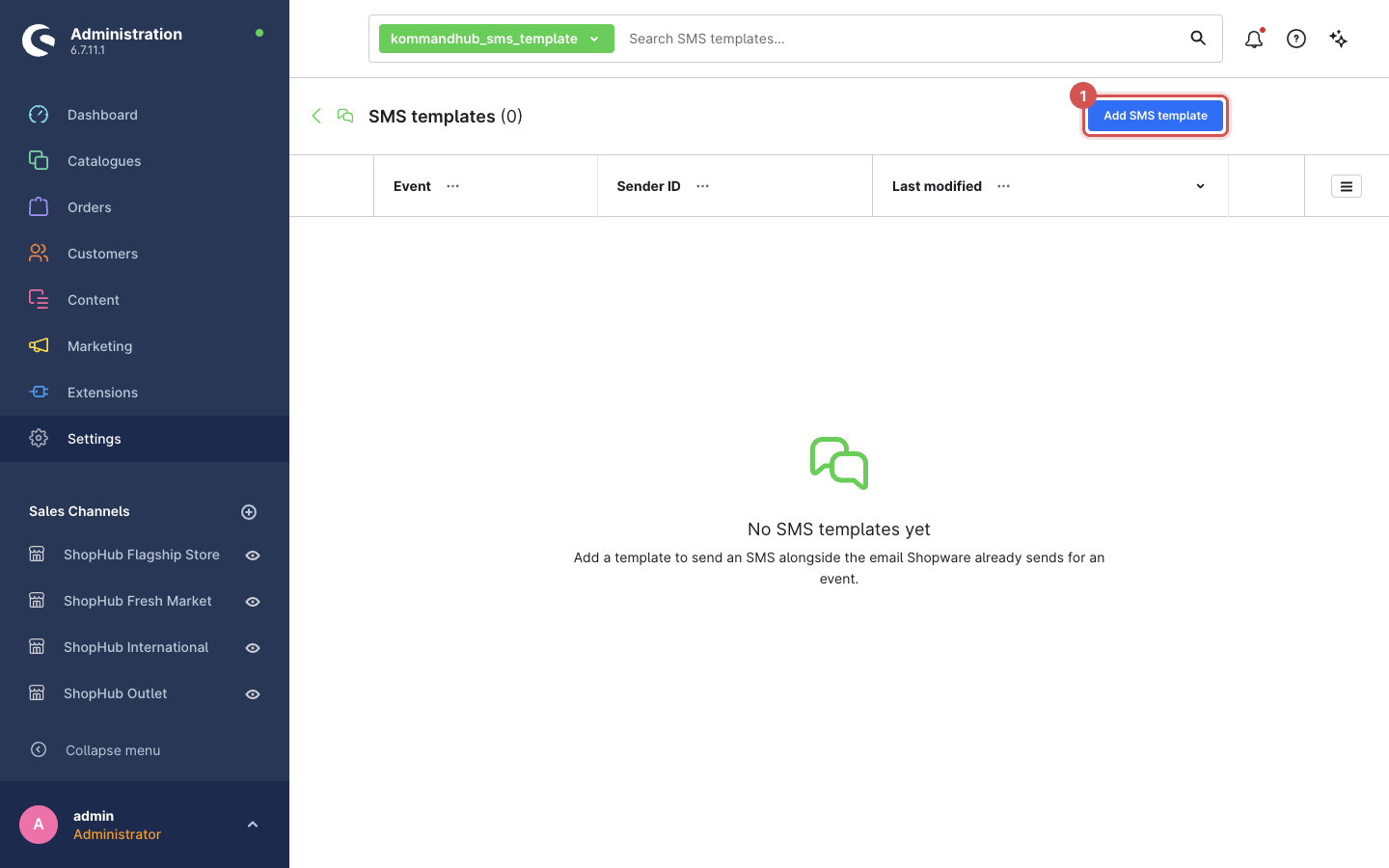 The empty SMS templates list with the "Add SMS template" button