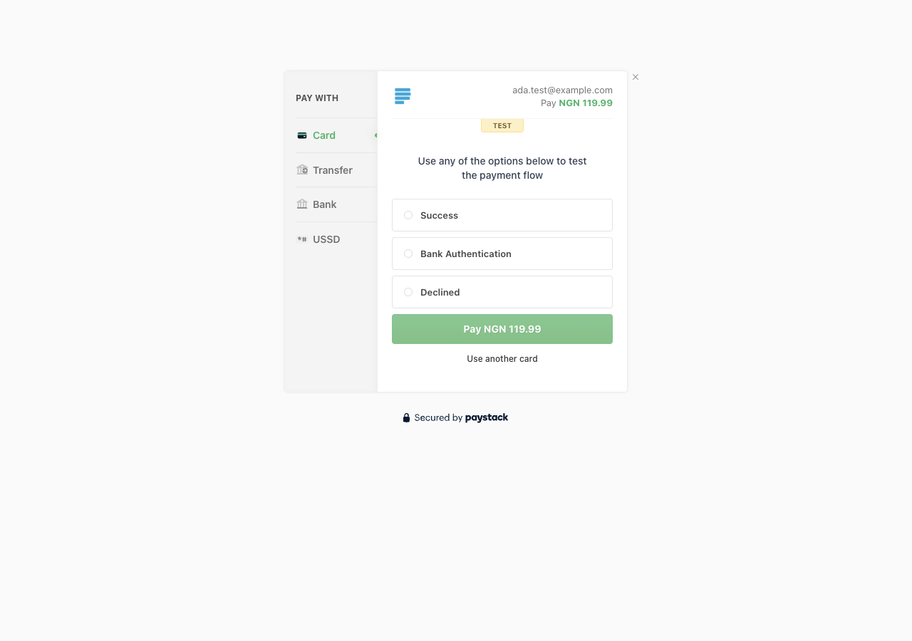 Paystack's hosted checkout page in test mode