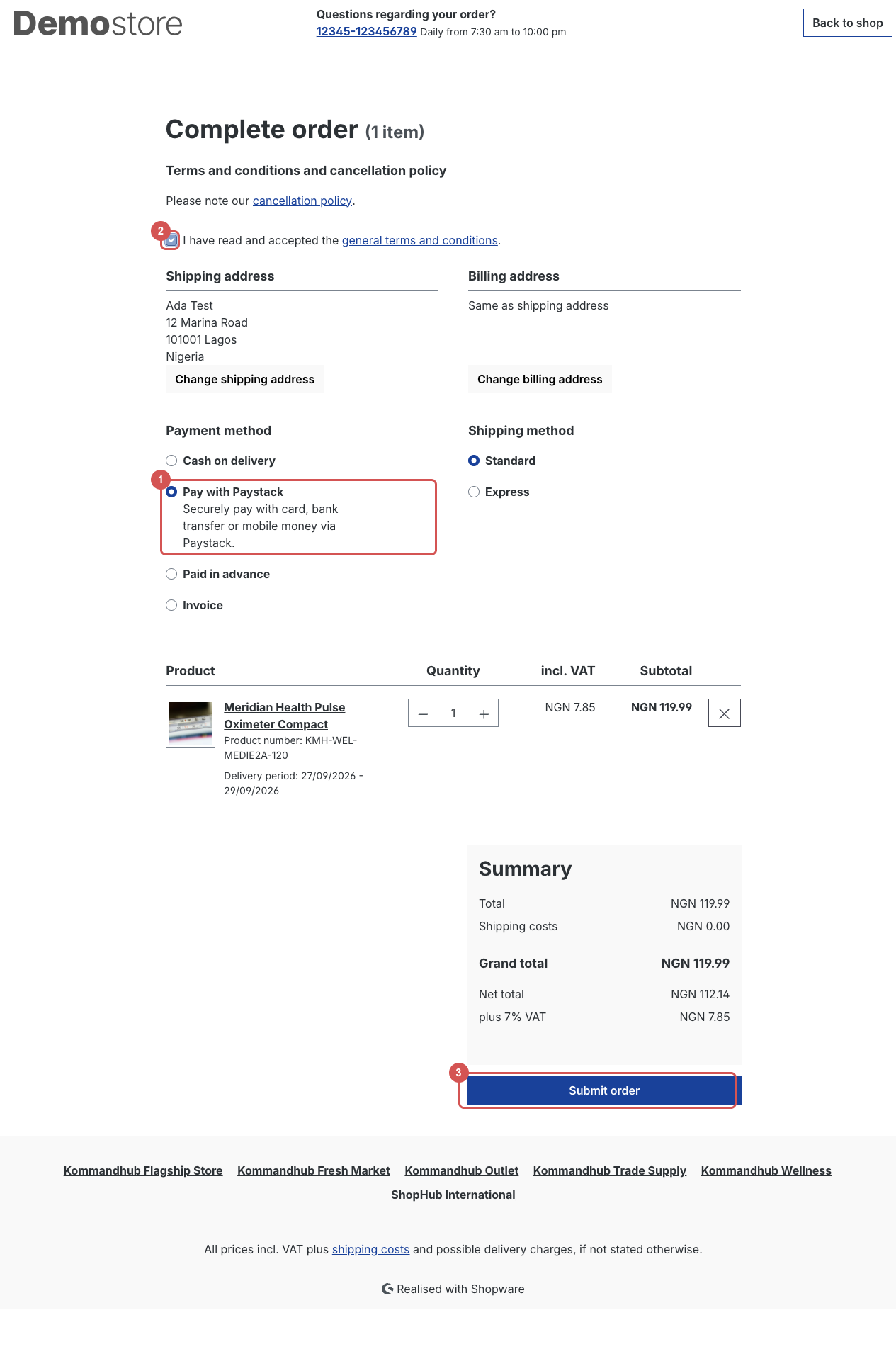 Complete order page: Pay with Paystack selected, terms ticked, Submit order